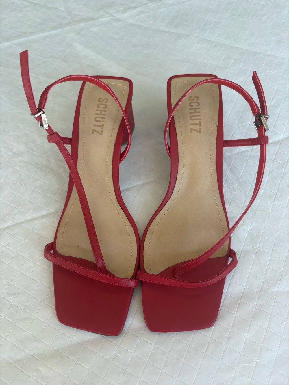SCHUTZ Red Square-Toe Strappy Heeled Sandals